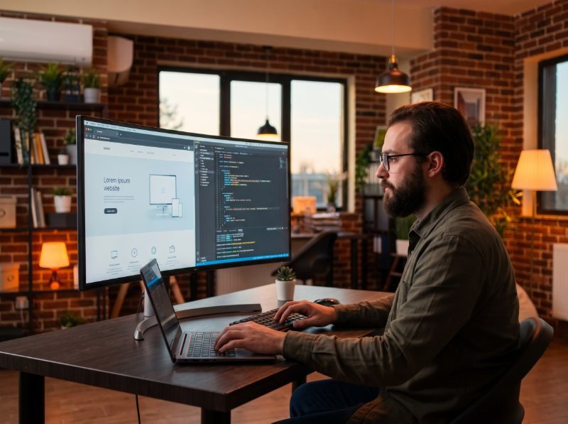 Programador a construir um website, com o código e o design no ecrã